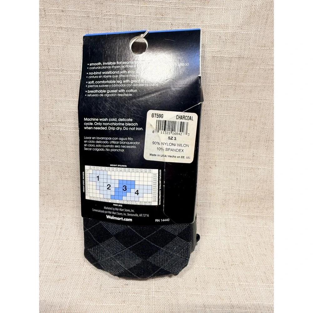 George Womens Charcoal Argyle Pattern Control Top Luxury Tights Sz 3 GT59G NEW